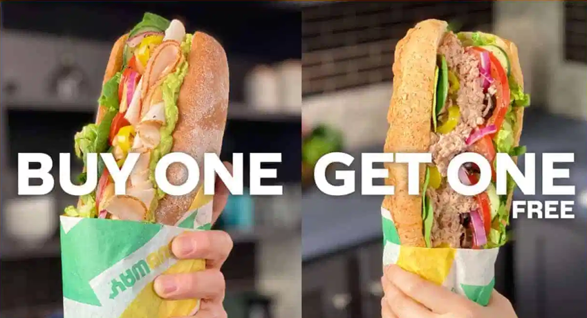 One of Subway's promotional strategies called BOGO, which is buy one get one free. The picture contains 2 sandwiches that would be bought for the price of one.