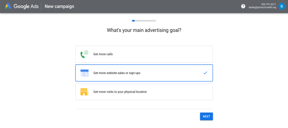 a picture of a googles ads set up page